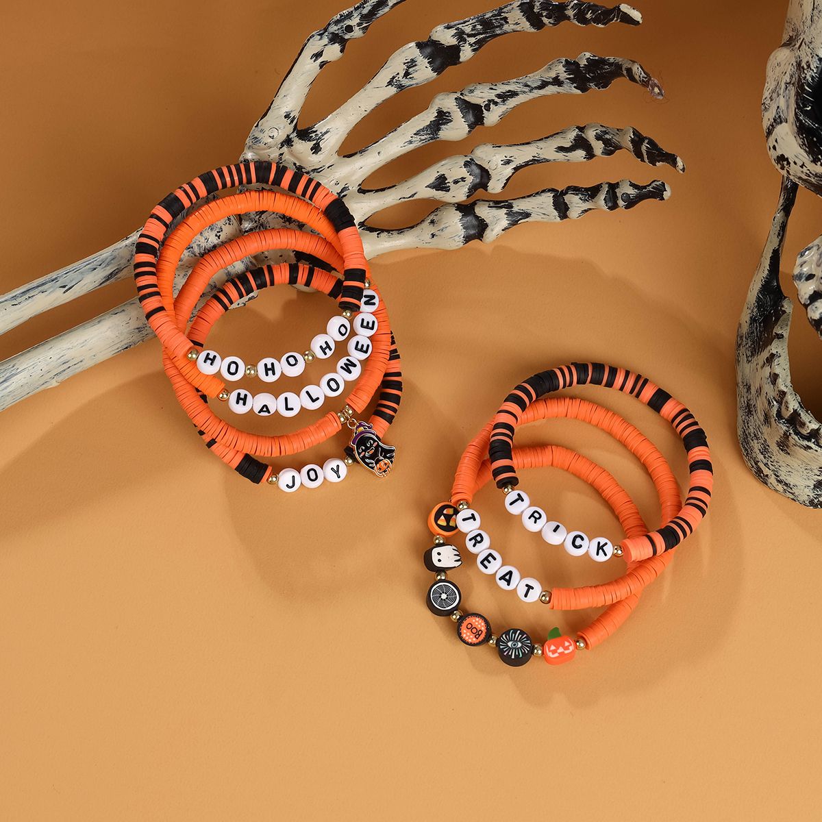 7 Pieces Halloween Soft Ceramic Zinc Alloy Ghost Pumpkin Alphabet Handmade Beaded Elastic Adjustable Fashion Bracelet Set