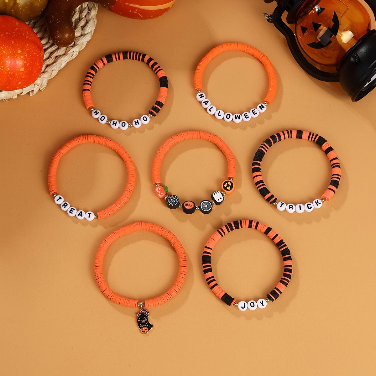 7 Pieces Halloween Soft Ceramic Zinc Alloy Ghost Pumpkin Alphabet Handmade Beaded Elastic Adjustable Fashion Bracelet Set