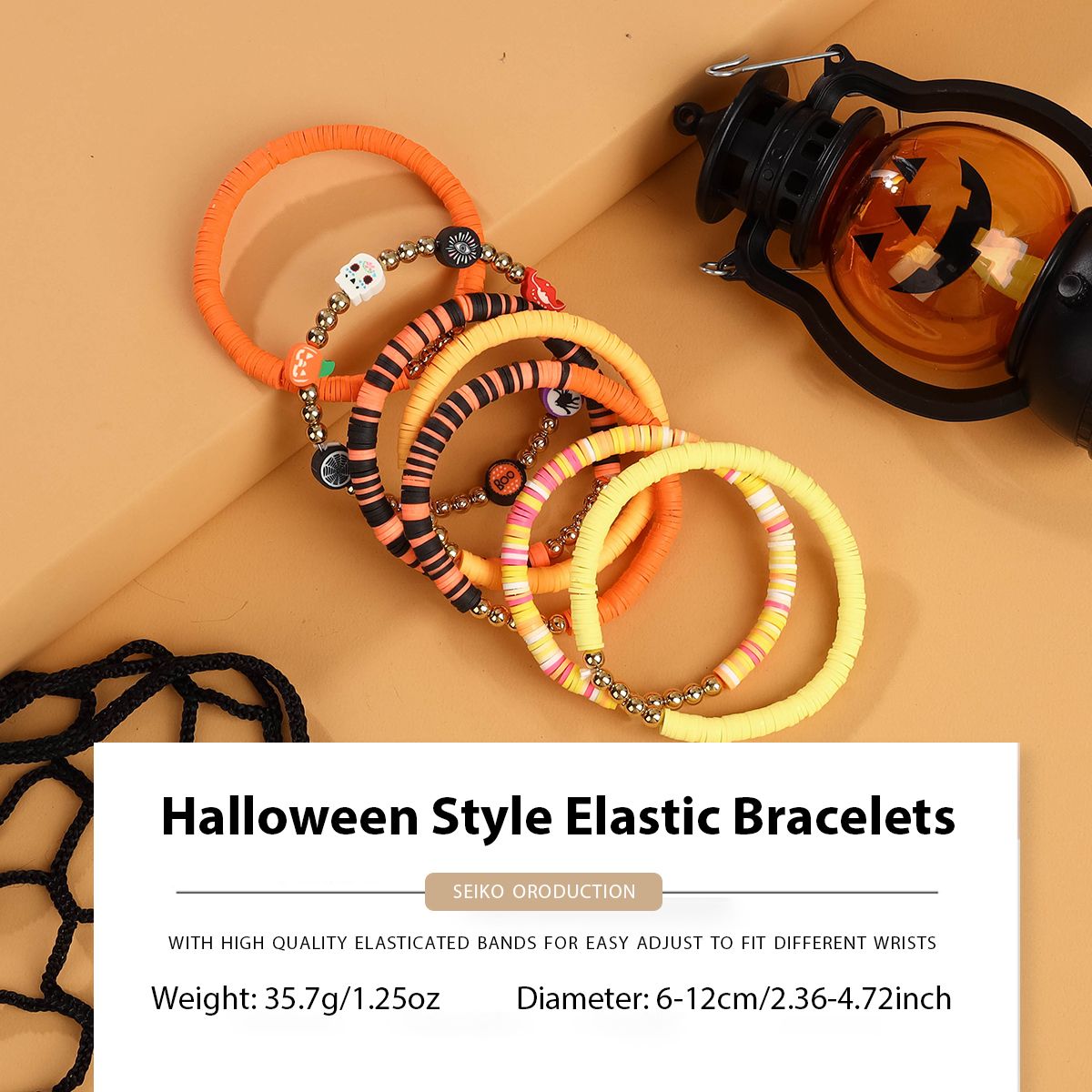 7 Pieces Halloween Soft Ceramic Zinc Alloy Pumpkin Eyes Handmade Beaded Elastic Adjustable Fashion Bracelet Set