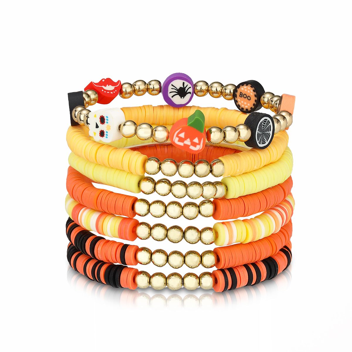 7 Pieces Halloween Soft Ceramic Zinc Alloy Pumpkin Eyes Handmade Beaded Elastic Adjustable Fashion Bracelet Set