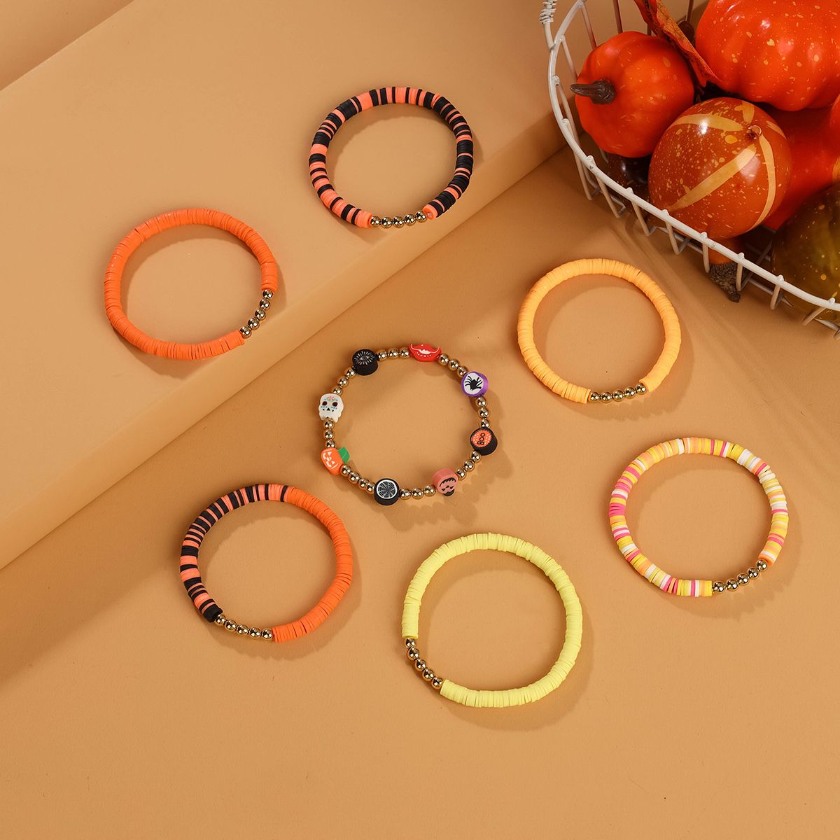 7 Pieces Halloween Soft Ceramic Zinc Alloy Pumpkin Eyes Handmade Beaded Elastic Adjustable Fashion Bracelet Set