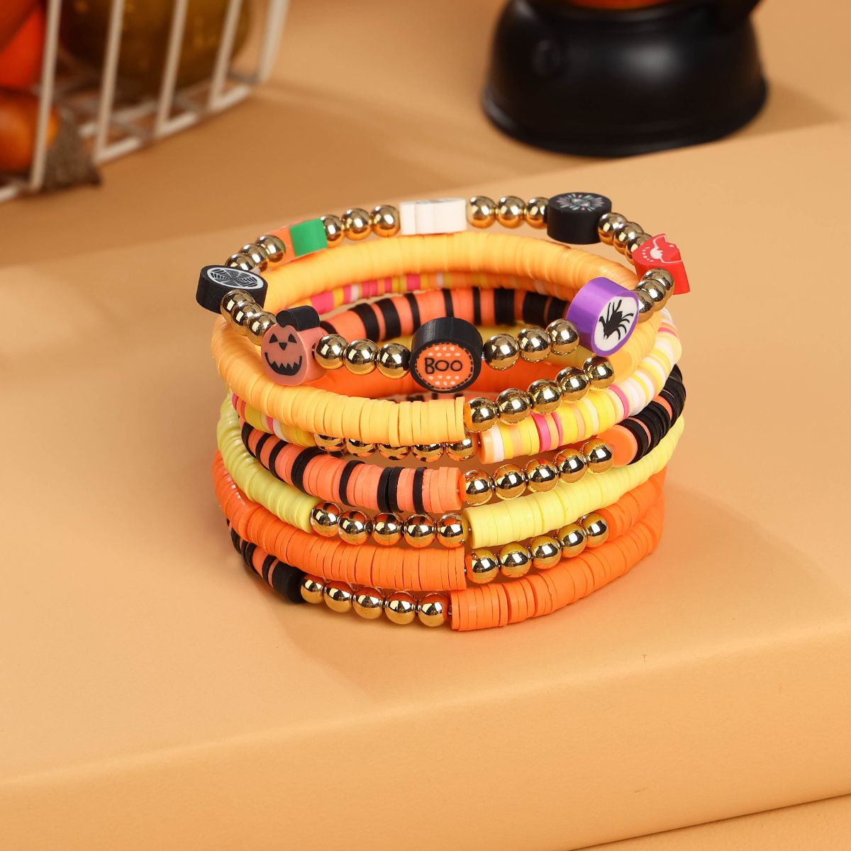 7 Pieces Halloween Soft Ceramic Zinc Alloy Pumpkin Eyes Handmade Beaded Elastic Adjustable Fashion Bracelet Set