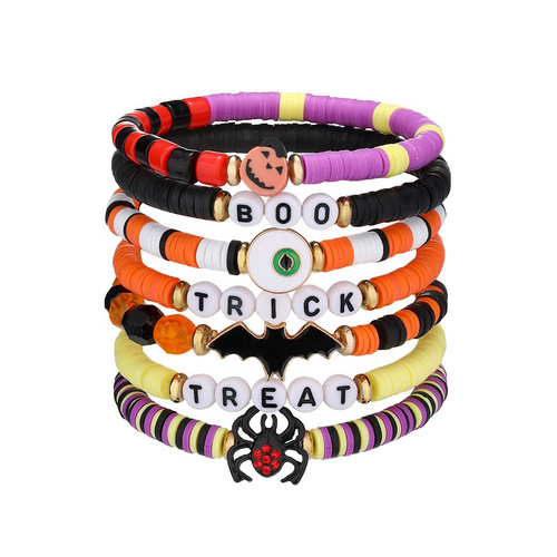 7 pieces Halloween soft ceramic zinc alloy bat spider pumpkin handmade beads elastic adjustable fashion bracelet set