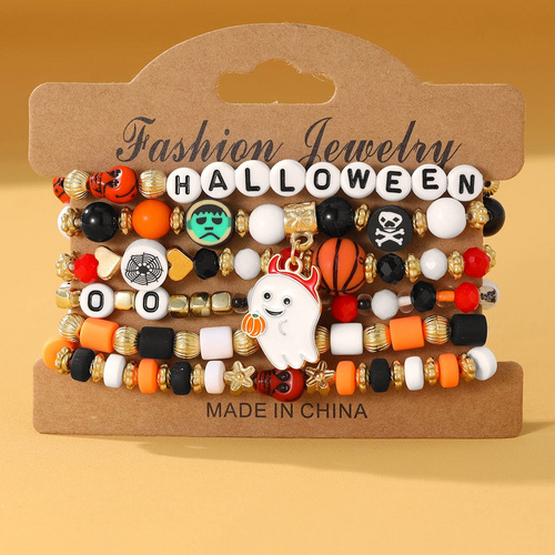 6 Pieces Halloween Soft Ceramic Zinc Alloy Ghost Alphabet Handmade Beaded Elastic Adjustable Fashion Bracelet Set