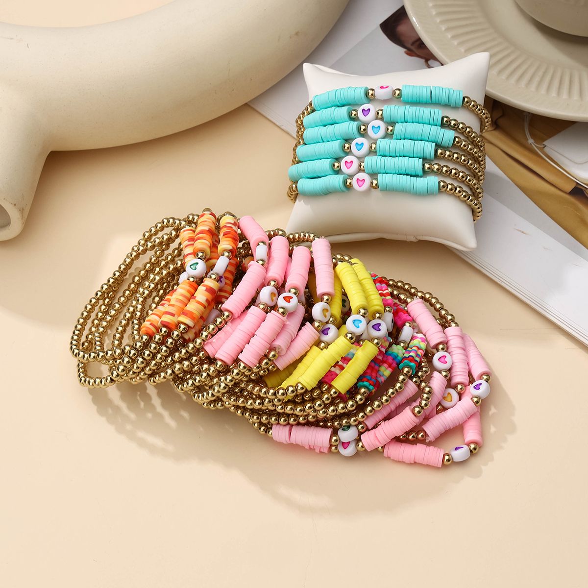 36 pieces Valentine's Day Soft Ceramic Zinc Alloy Heart Handmade Beaded Elastic Adjustable Fashion Bracelet Set