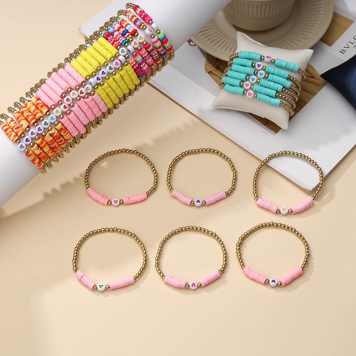 36 pieces Valentine's Day Soft Ceramic Zinc Alloy Heart Handmade Beaded Elastic Adjustable Fashion Bracelet Set