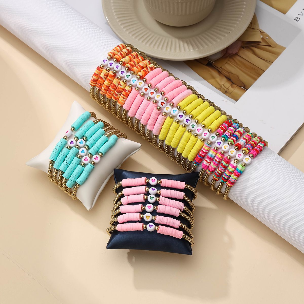 36 pieces Valentine's Day Soft Ceramic Zinc Alloy Heart Handmade Beaded Elastic Adjustable Fashion Bracelet Set