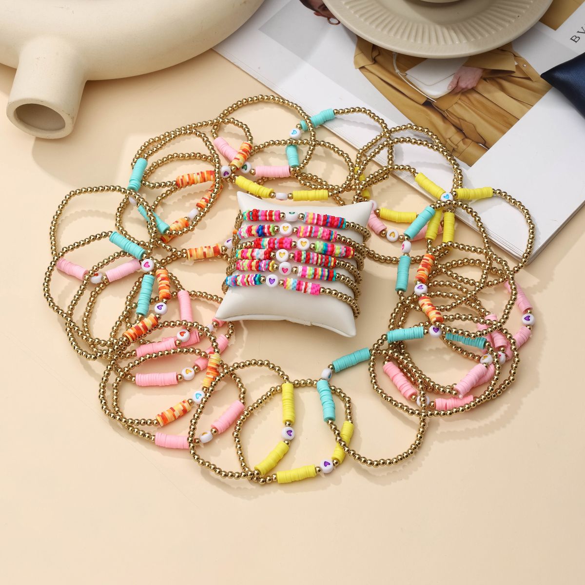 36 pieces Valentine's Day Soft Ceramic Zinc Alloy Heart Handmade Beaded Elastic Adjustable Fashion Bracelet Set