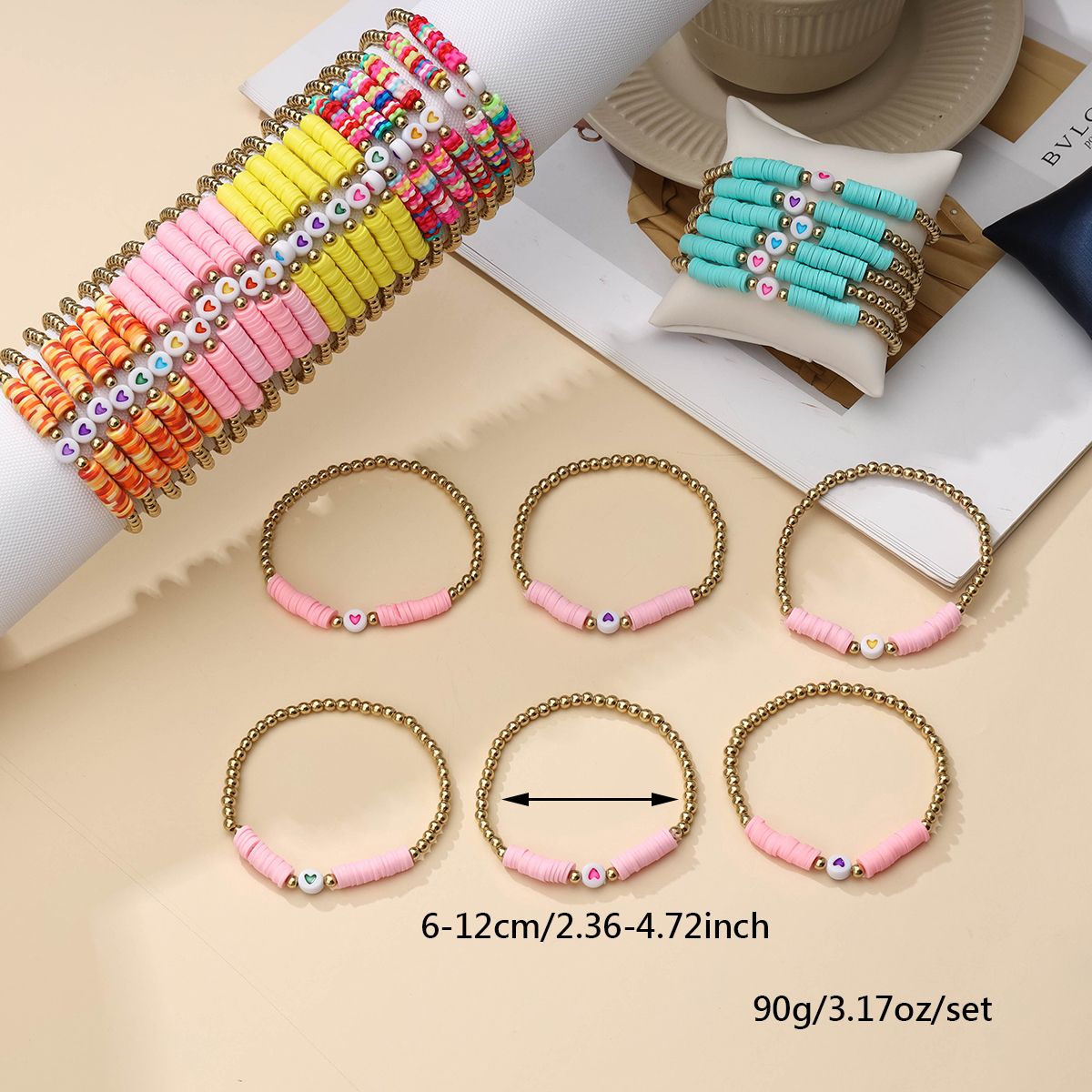 36 pieces Valentine's Day Soft Ceramic Zinc Alloy Heart Handmade Beaded Elastic Adjustable Fashion Bracelet Set