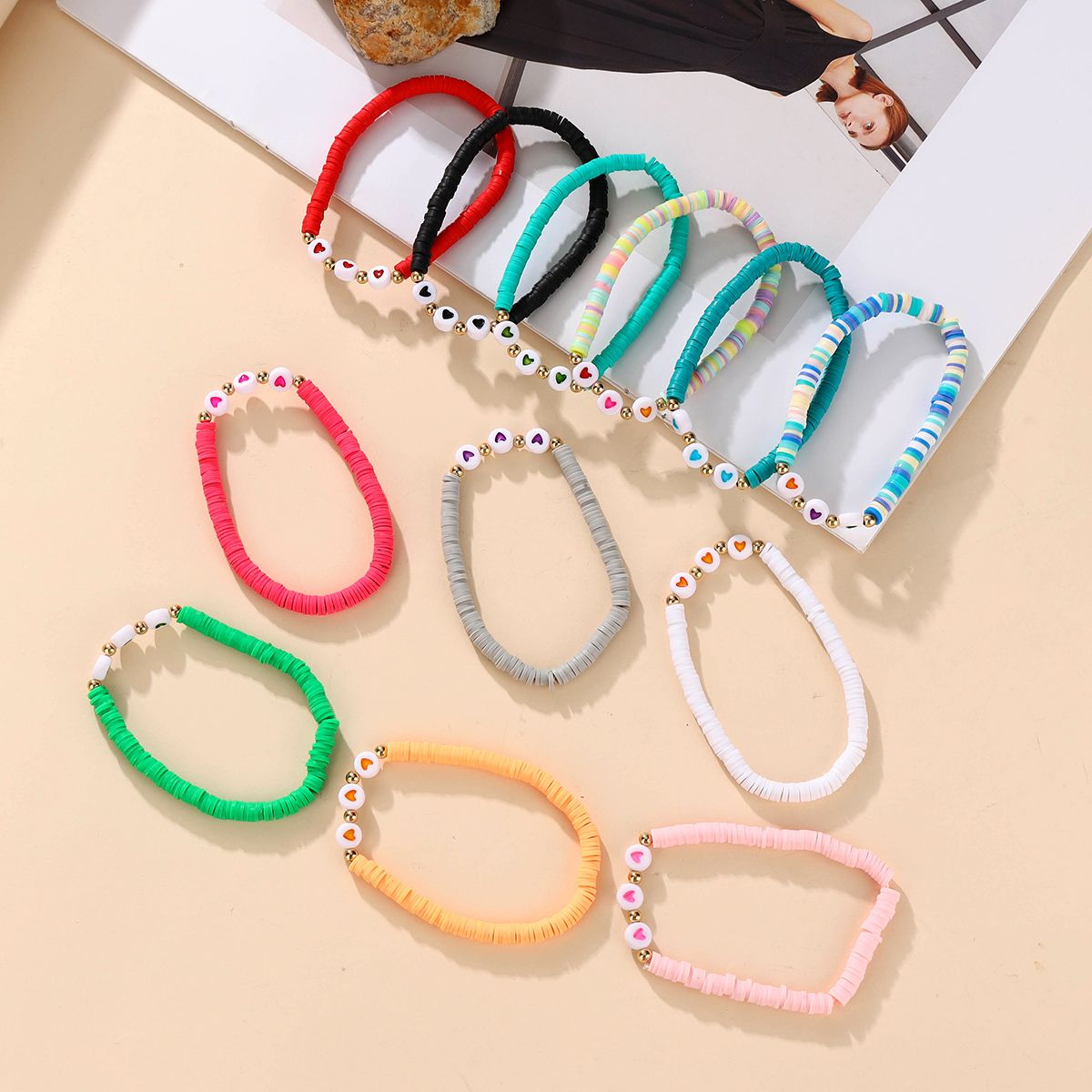 12 Pieces Soft Ceramic Zinc Alloy Heart Handmade Beaded Elastic Adjustable Fashion Bracelet Set