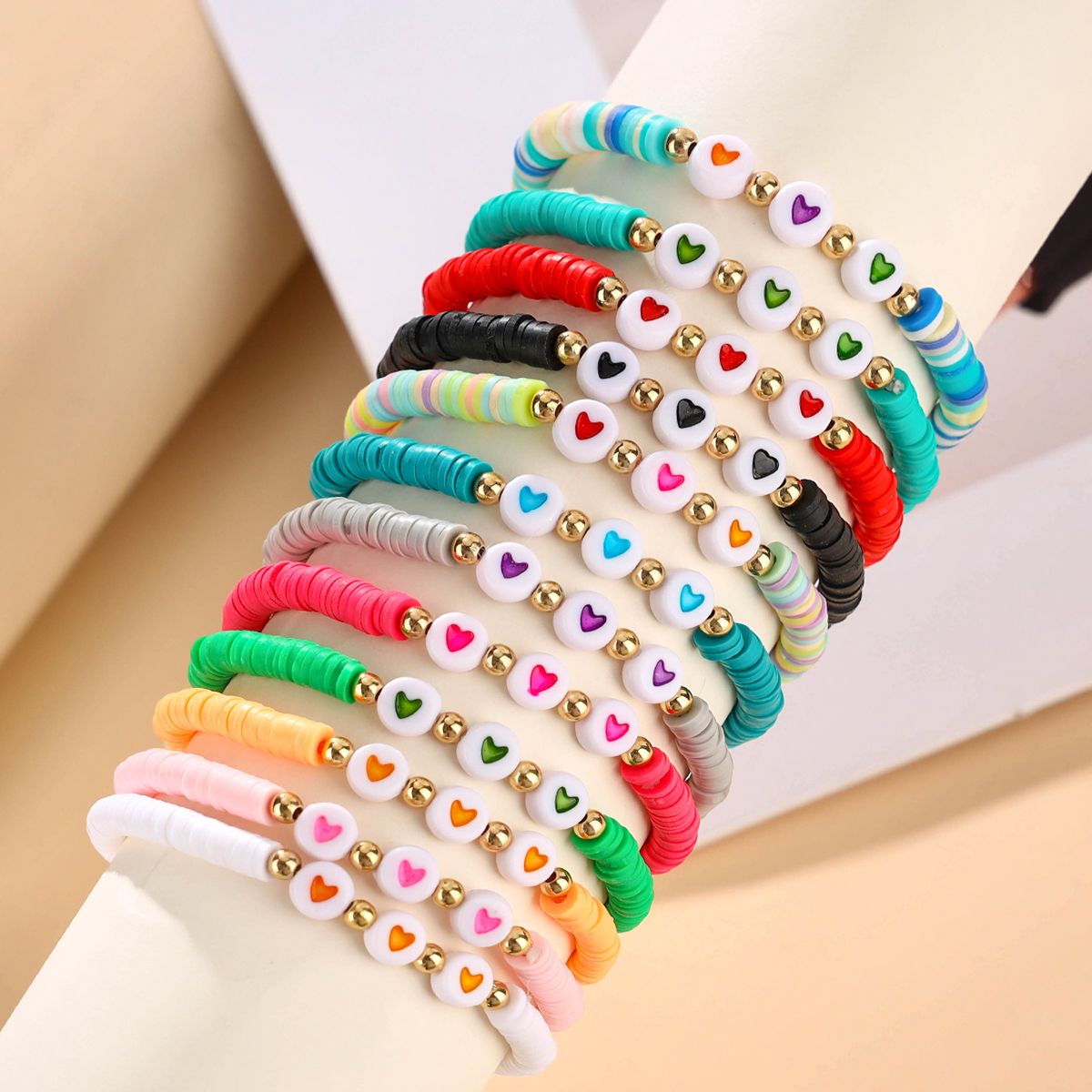 12 Pieces Soft Ceramic Zinc Alloy Heart Handmade Beaded Elastic Adjustable Fashion Bracelet Set