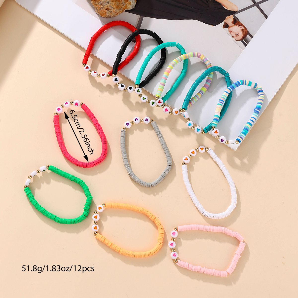 12 Pieces Soft Ceramic Zinc Alloy Heart Handmade Beaded Elastic Adjustable Fashion Bracelet Set