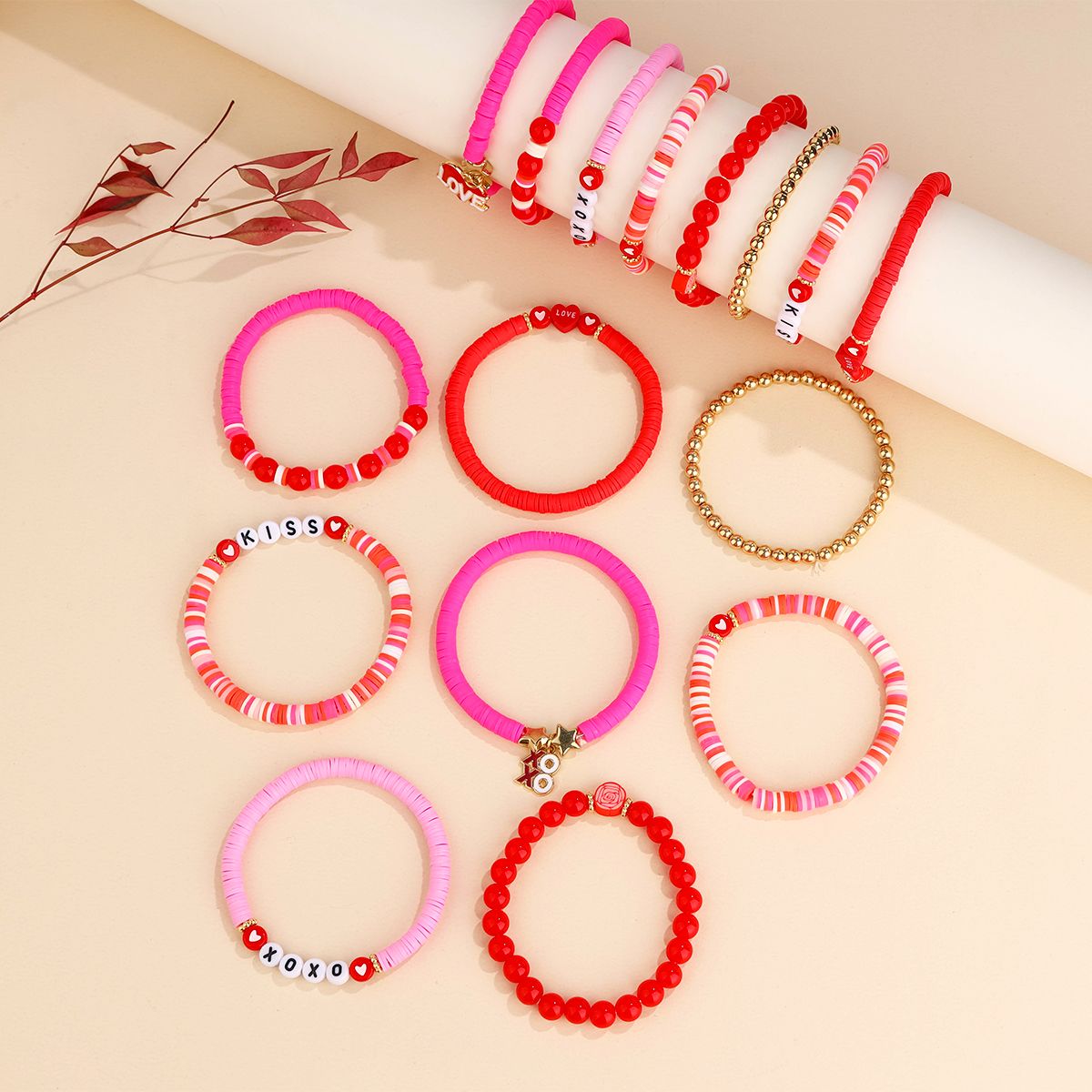 8 pieces soft ceramic zinc alloy alphabet pendant love handmade beaded elastic adjustable fashion bracelet set