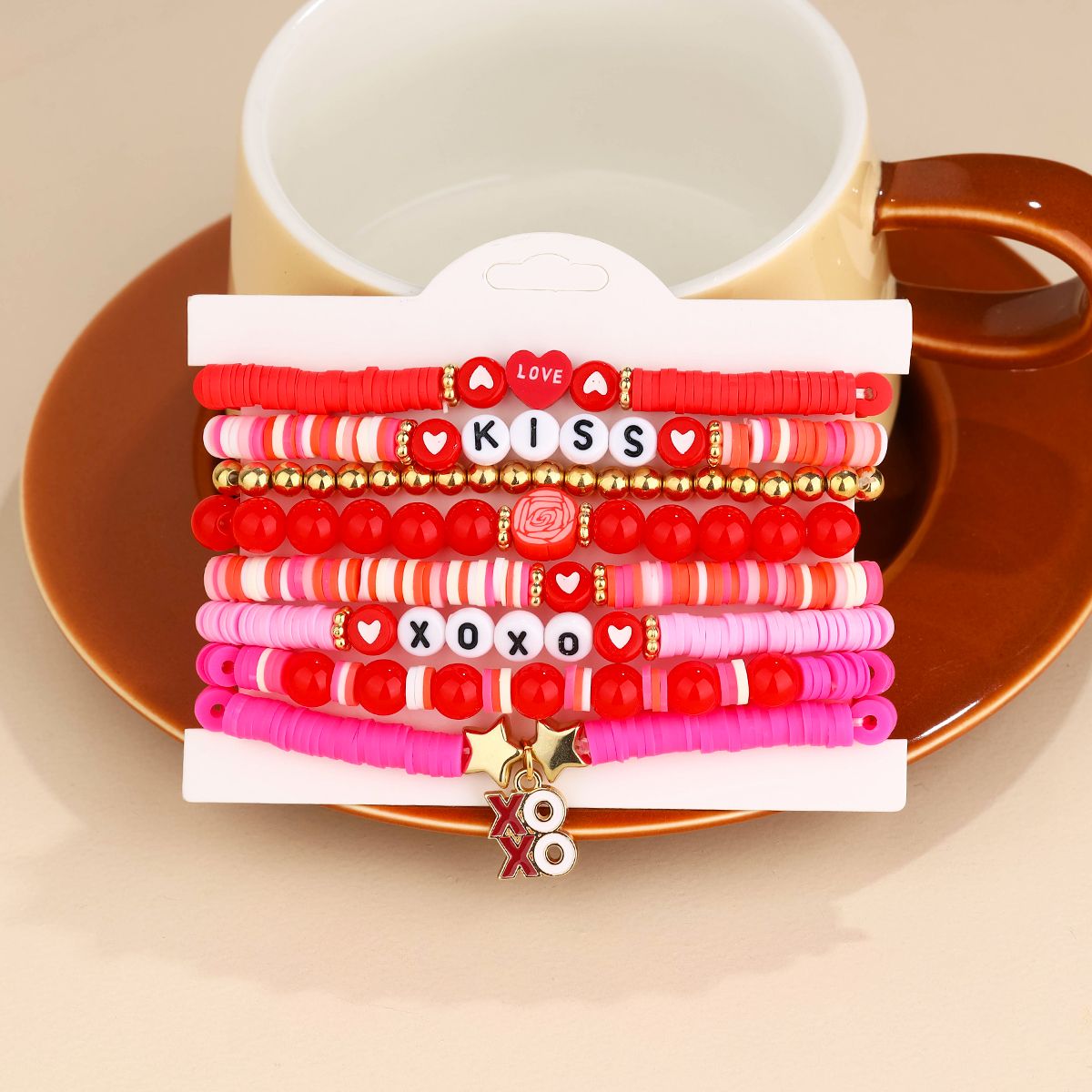 8 pieces soft ceramic zinc alloy alphabet pendant love handmade beaded elastic adjustable fashion bracelet set