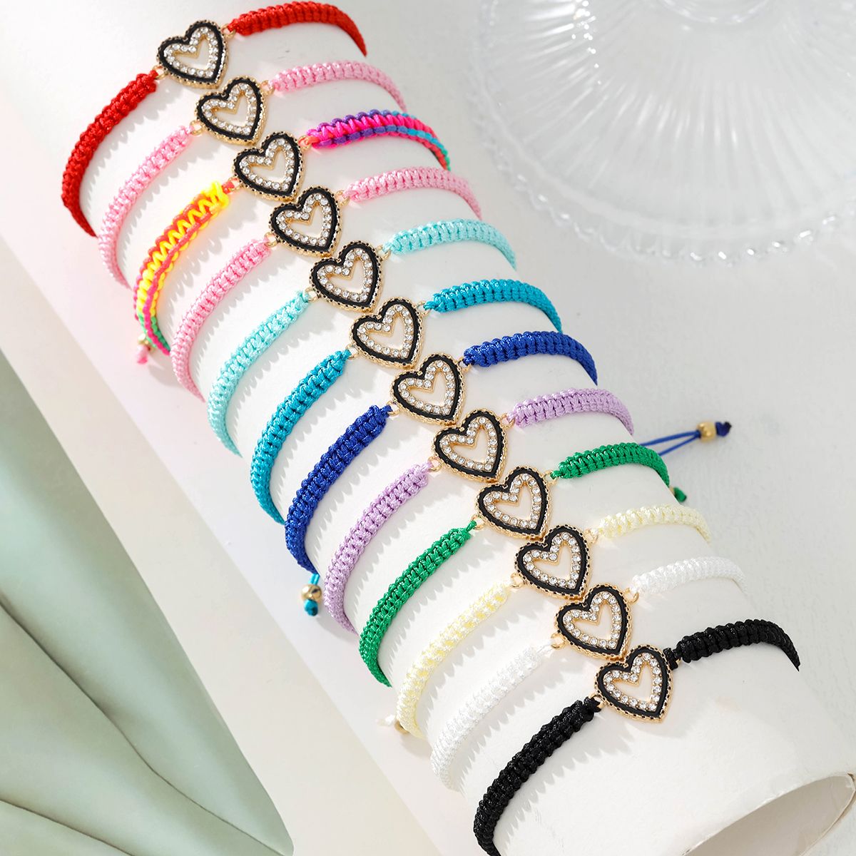 12 Pieces Braided Rope Zinc Alloy Hollow Heart Handmade Adjustable Fashion Bracelet Set