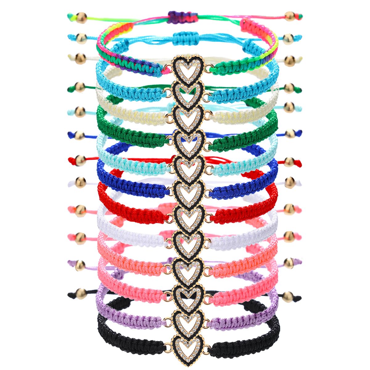 12 Pieces Braided Rope Zinc Alloy Hollow Heart Handmade Adjustable Fashion Bracelet Set