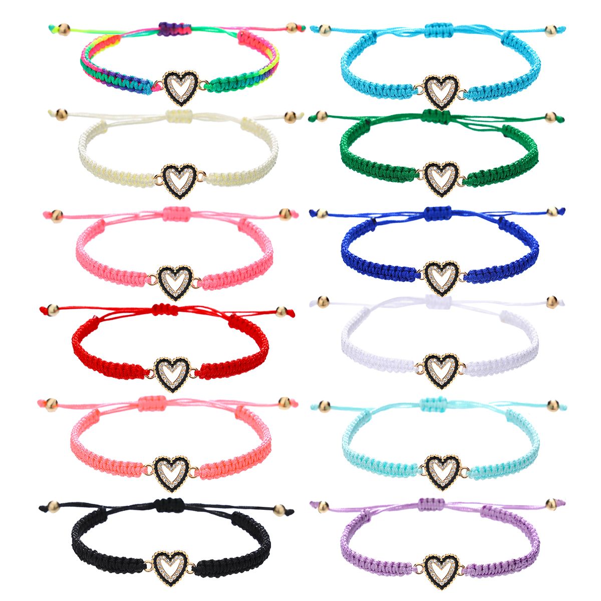 12 Pieces Braided Rope Zinc Alloy Hollow Heart Handmade Adjustable Fashion Bracelet Set