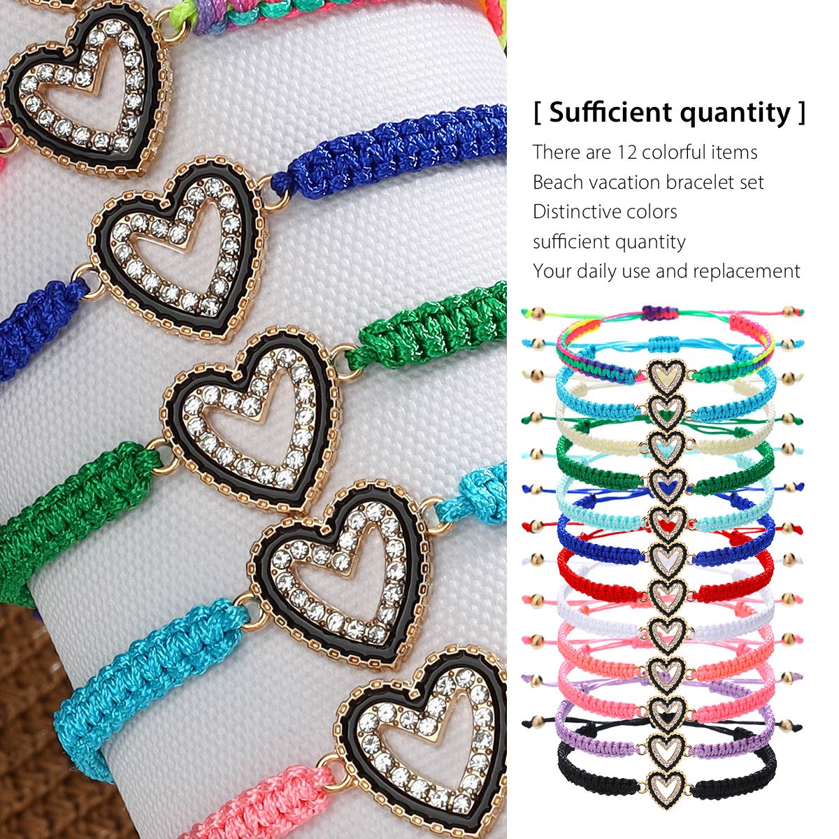 12 Pieces Braided Rope Zinc Alloy Hollow Heart Handmade Adjustable Fashion Bracelet Set