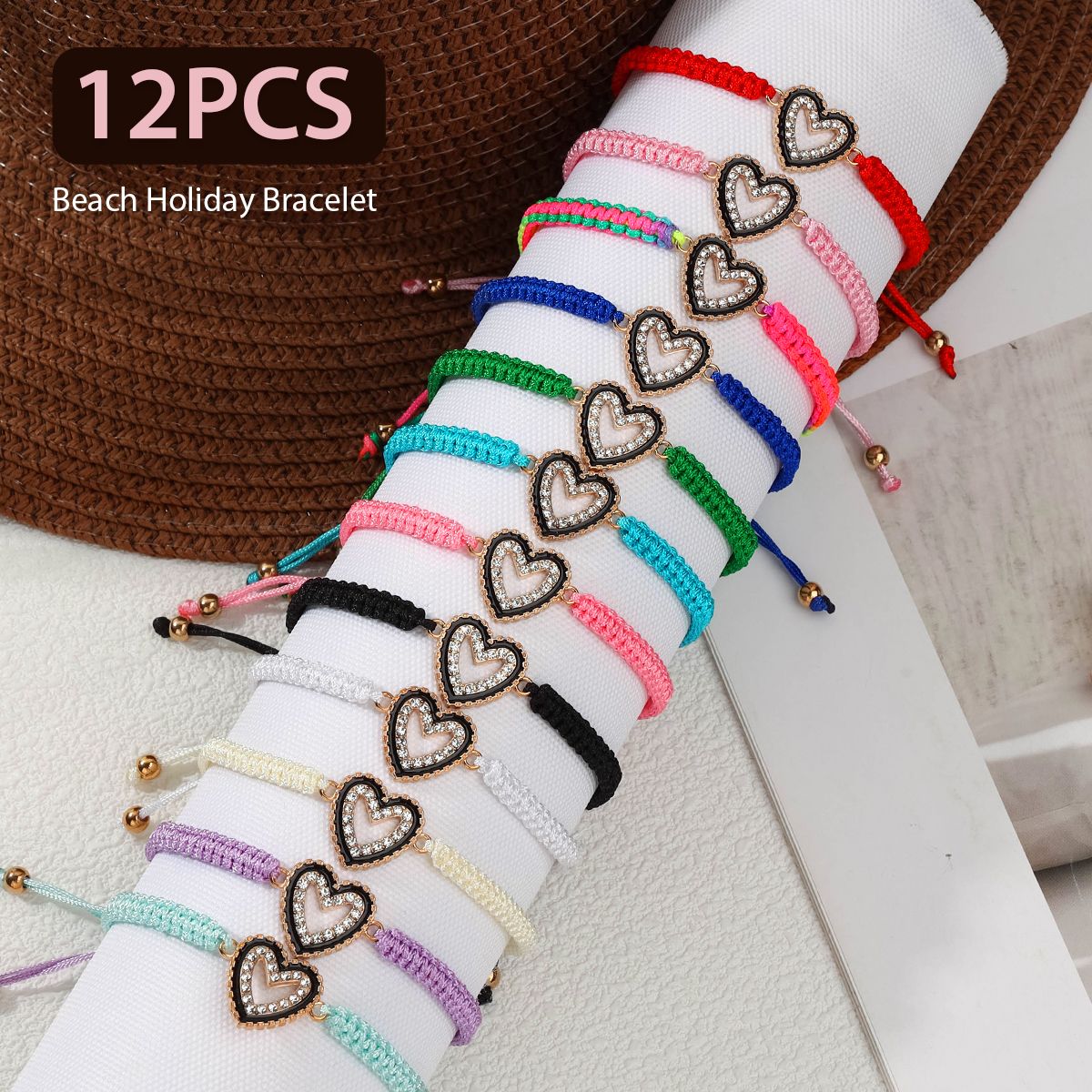 12 Pieces Braided Rope Zinc Alloy Hollow Heart Handmade Adjustable Fashion Bracelet Set