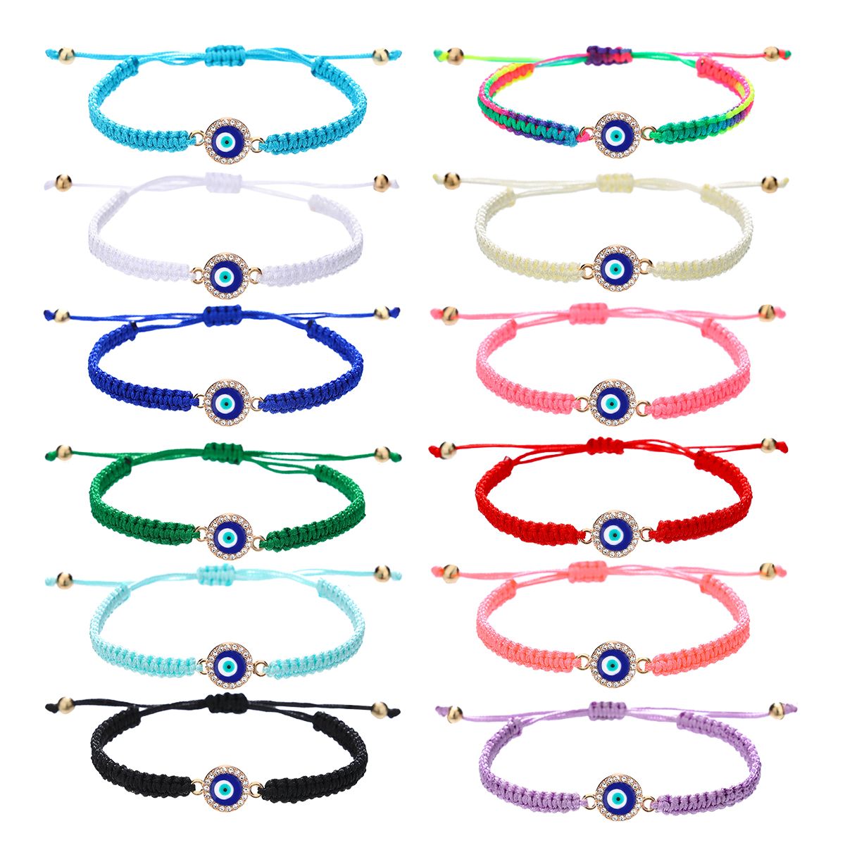 12 pieces braided rope zinc alloy diamond studded eyes hand woven adjustable fashionable bracelet set