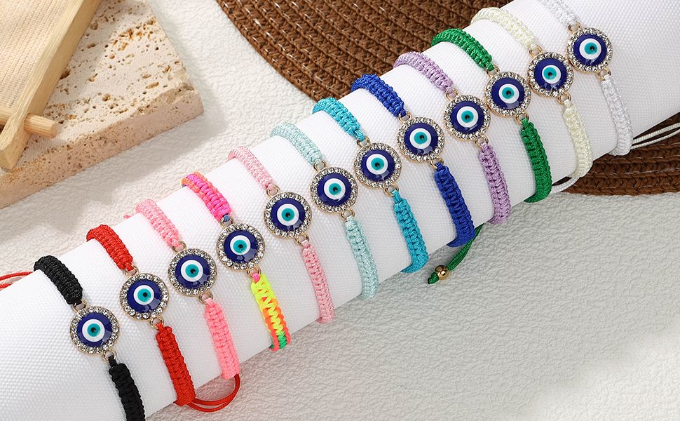 12 pieces braided rope zinc alloy diamond studded eyes hand woven adjustable fashionable bracelet set