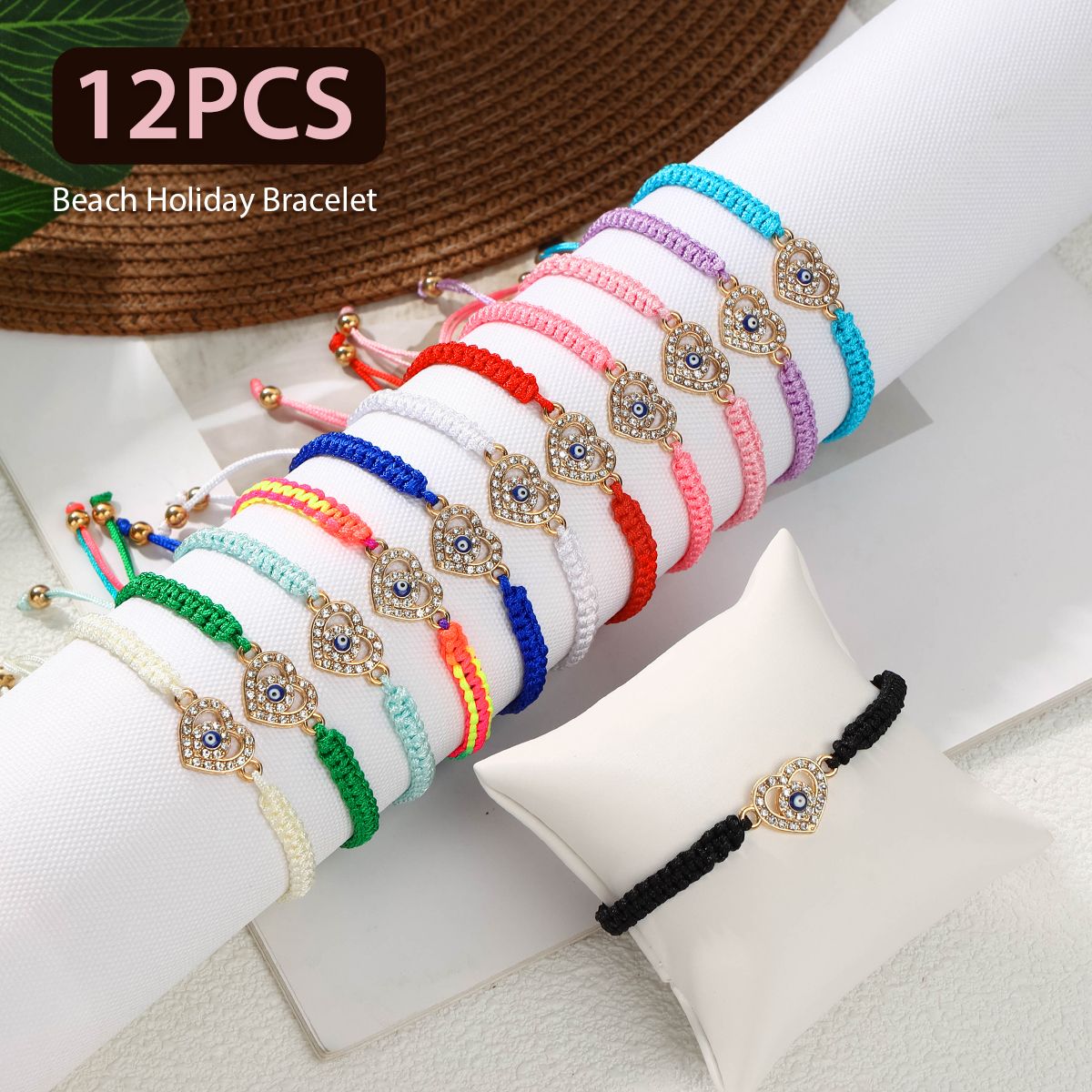 12 pieces braided rope zinc alloy diamond studded heart-shaped eyes hand woven adjustable fashionable bracelet set