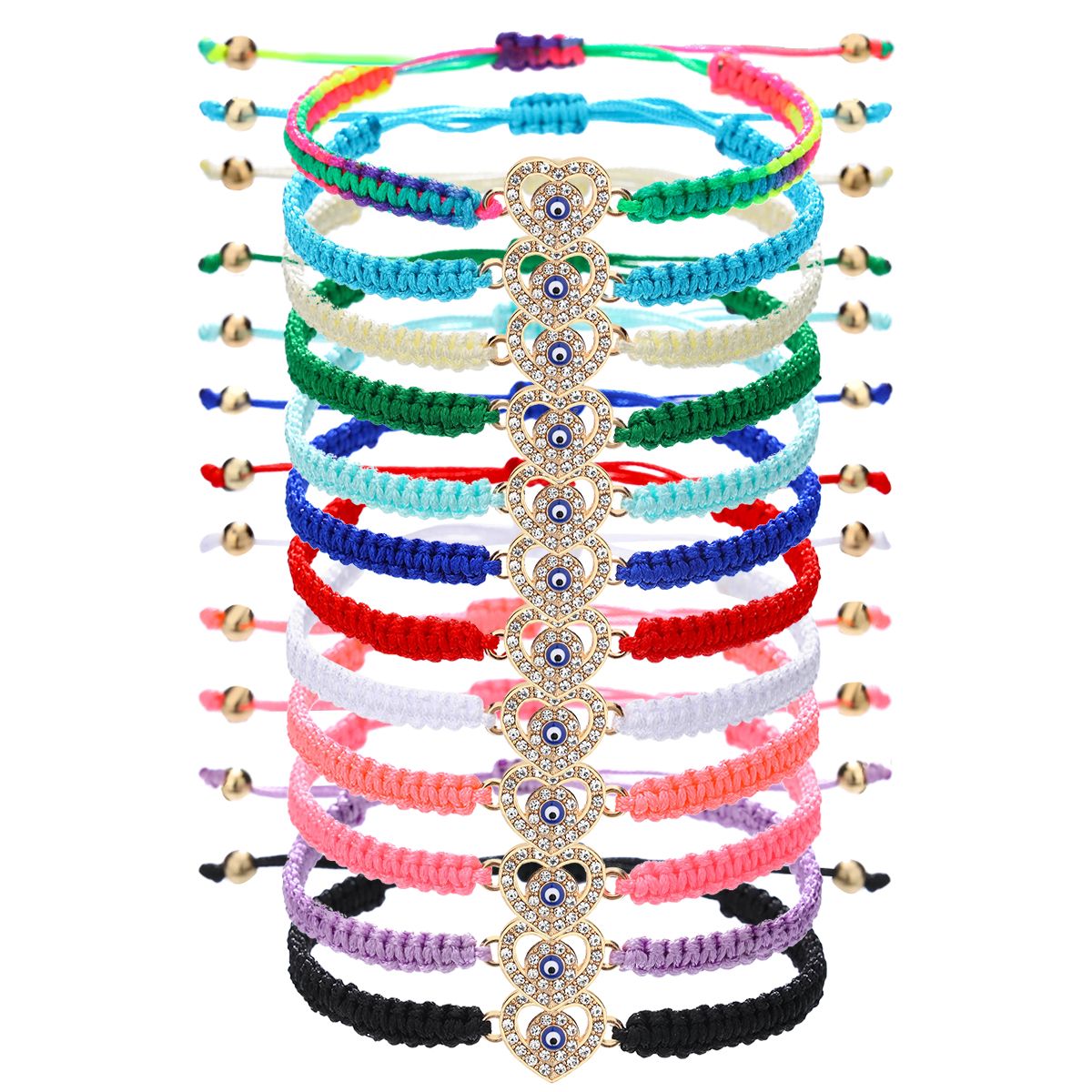 12 pieces braided rope zinc alloy diamond studded heart-shaped eyes hand woven adjustable fashionable bracelet set