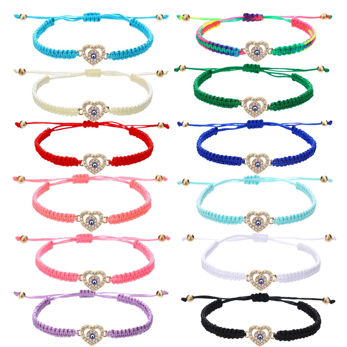 12 pieces braided rope zinc alloy diamond studded heart-shaped eyes hand woven adjustable fashionable bracelet set