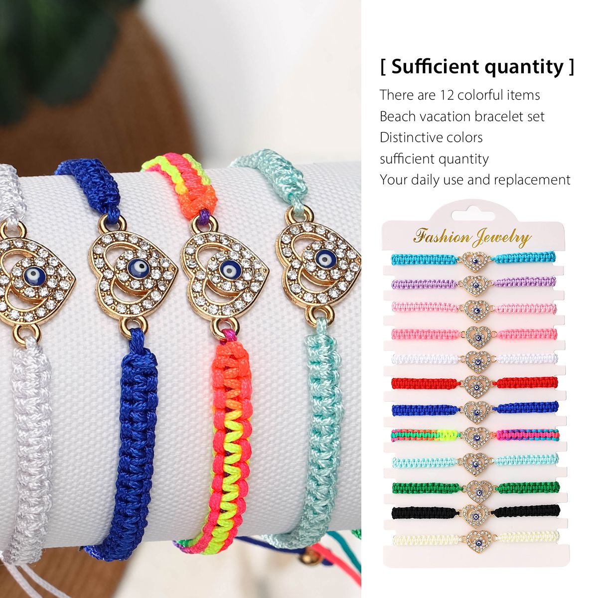 12 pieces braided rope zinc alloy diamond studded heart-shaped eyes hand woven adjustable fashionable bracelet set