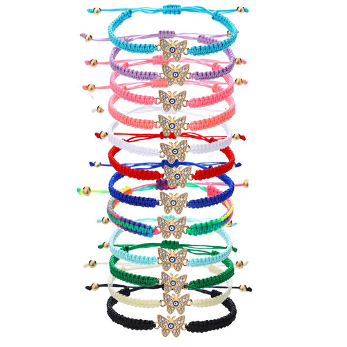 12 pieces woven rope zinc alloy diamond inlaid butterfly eye hand woven adjustable fashionable bracelet set