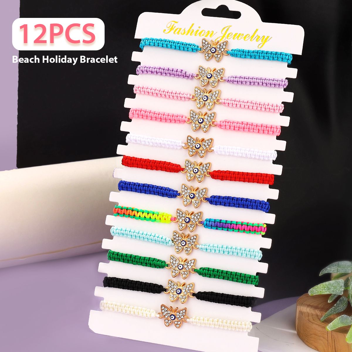 12 pieces woven rope zinc alloy diamond inlaid butterfly eye hand woven adjustable fashionable bracelet set