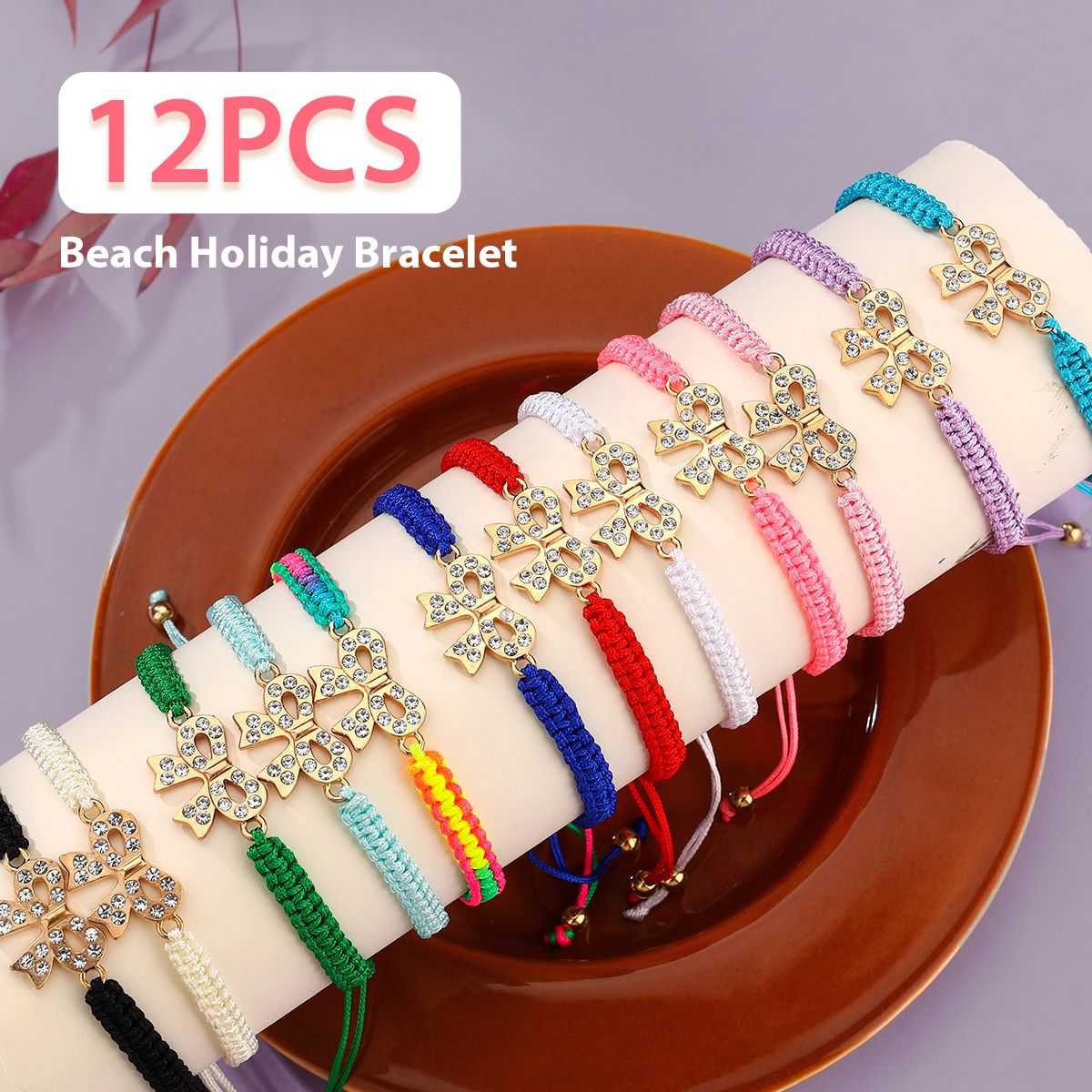 12 pieces braided rope zinc alloy diamond studded bow handmade adjustable fashion bracelet set