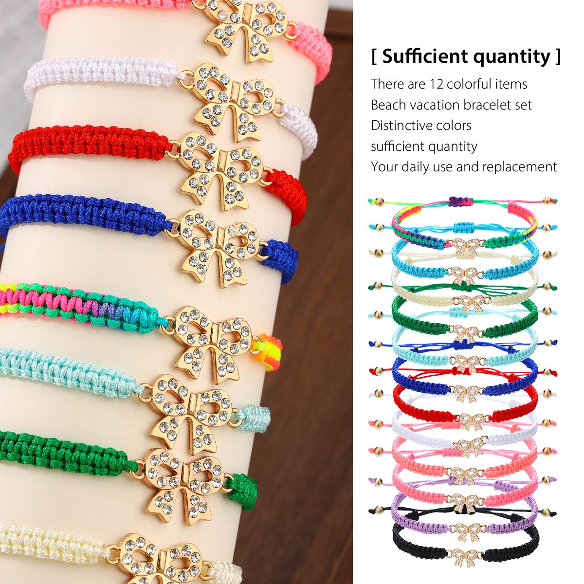 12 pieces braided rope zinc alloy diamond studded bow handmade adjustable fashion bracelet set