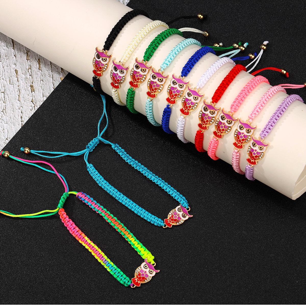 12 pieces woven rope zinc alloy owl hand woven adjustable fashionable bracelet set