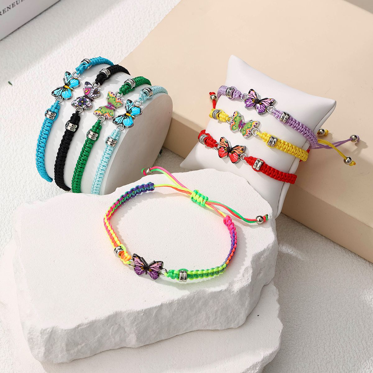 8 Pieces Braided Rope Zinc Alloy Printed Colourful Butterfly Handmade Adjustable Fashion Bracelet Set