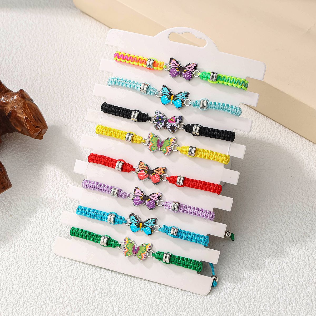 8 Pieces Braided Rope Zinc Alloy Printed Colourful Butterfly Handmade Adjustable Fashion Bracelet Set