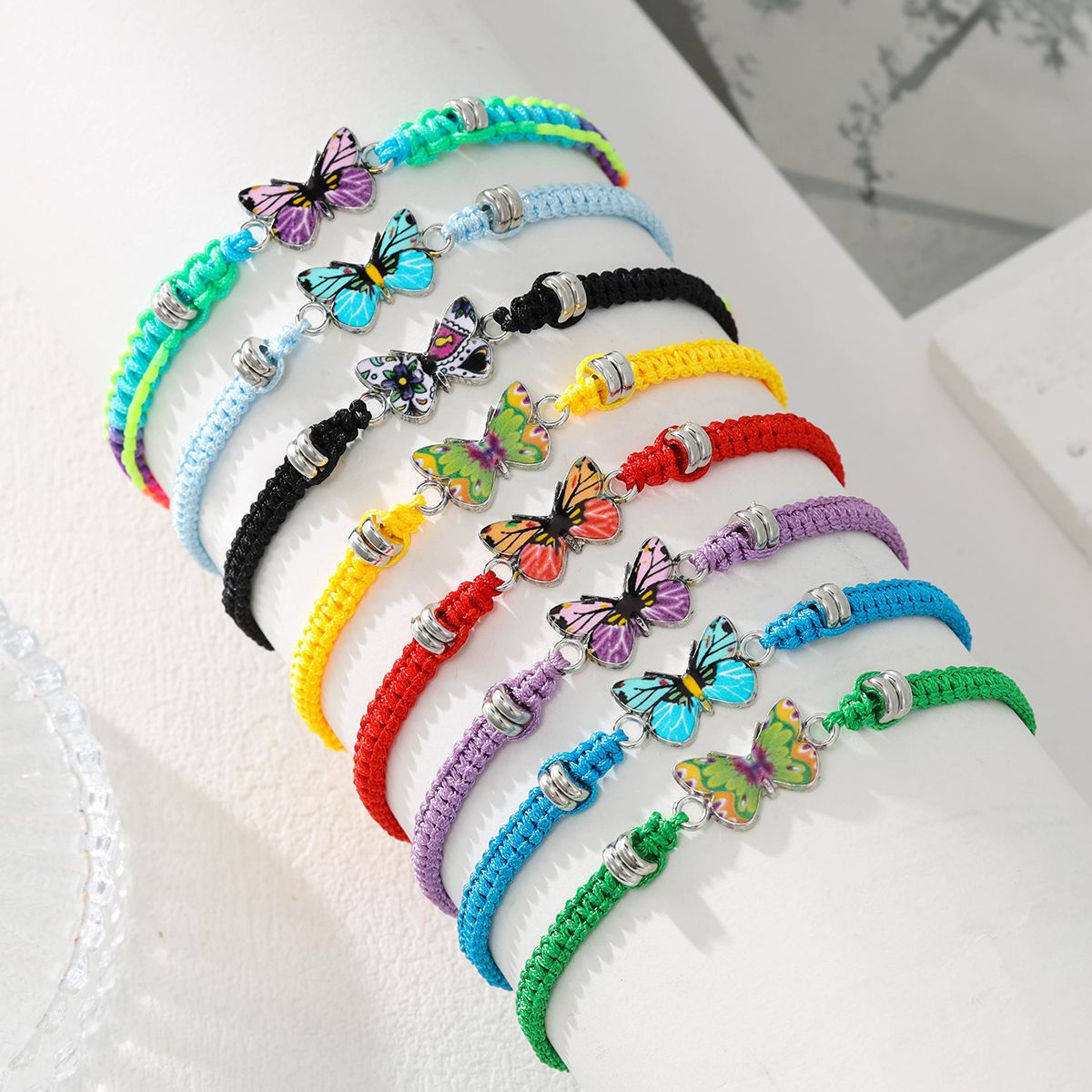 8 Pieces Braided Rope Zinc Alloy Printed Colourful Butterfly Handmade Adjustable Fashion Bracelet Set