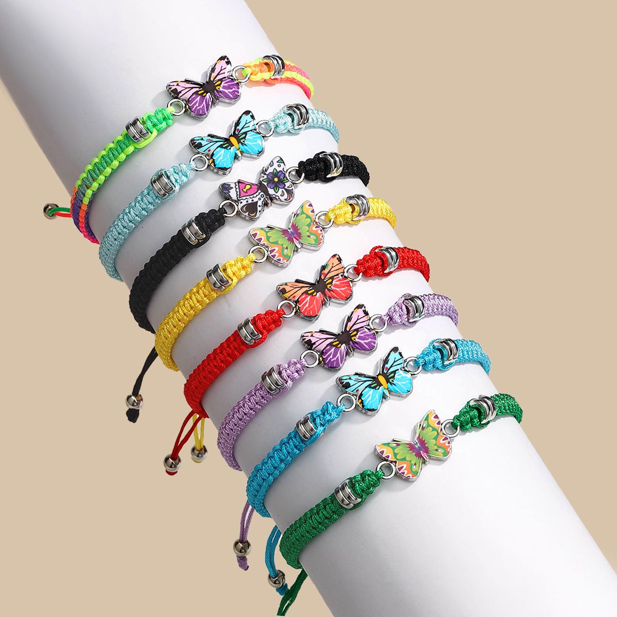 8 Pieces Braided Rope Zinc Alloy Printed Colourful Butterfly Handmade Adjustable Fashion Bracelet Set