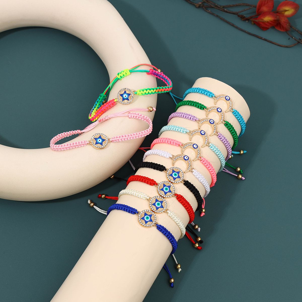 12 Pieces Braided Rope Zinc Alloy Multicolour Simple Pentagram Moon Handmade Adjustable Fashion Bracelet Set