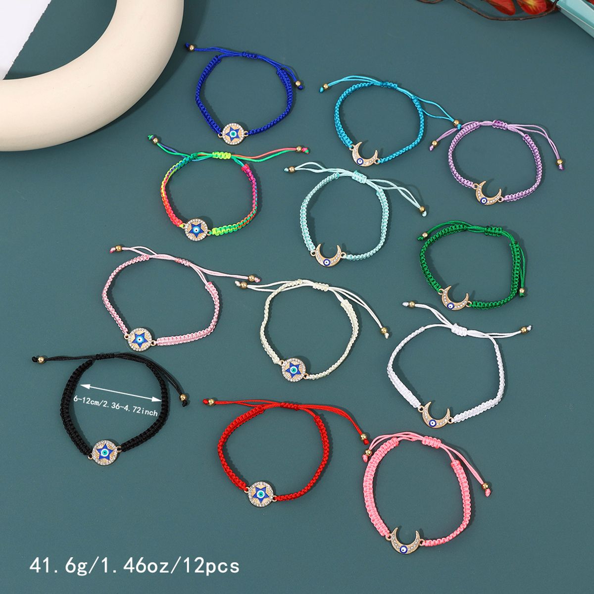 12 Pieces Braided Rope Zinc Alloy Multicolour Simple Pentagram Moon Handmade Adjustable Fashion Bracelet Set