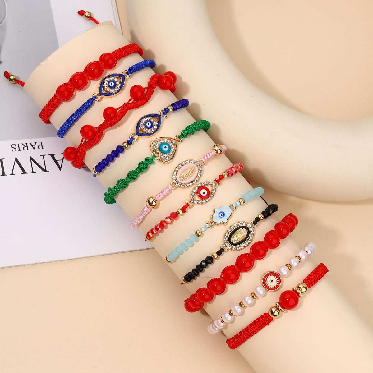 12 Pieces Braided Rope Zinc Alloy Multi-colour Heart Eyes Handmade Adjustable Simple Fashion Bracelet Set