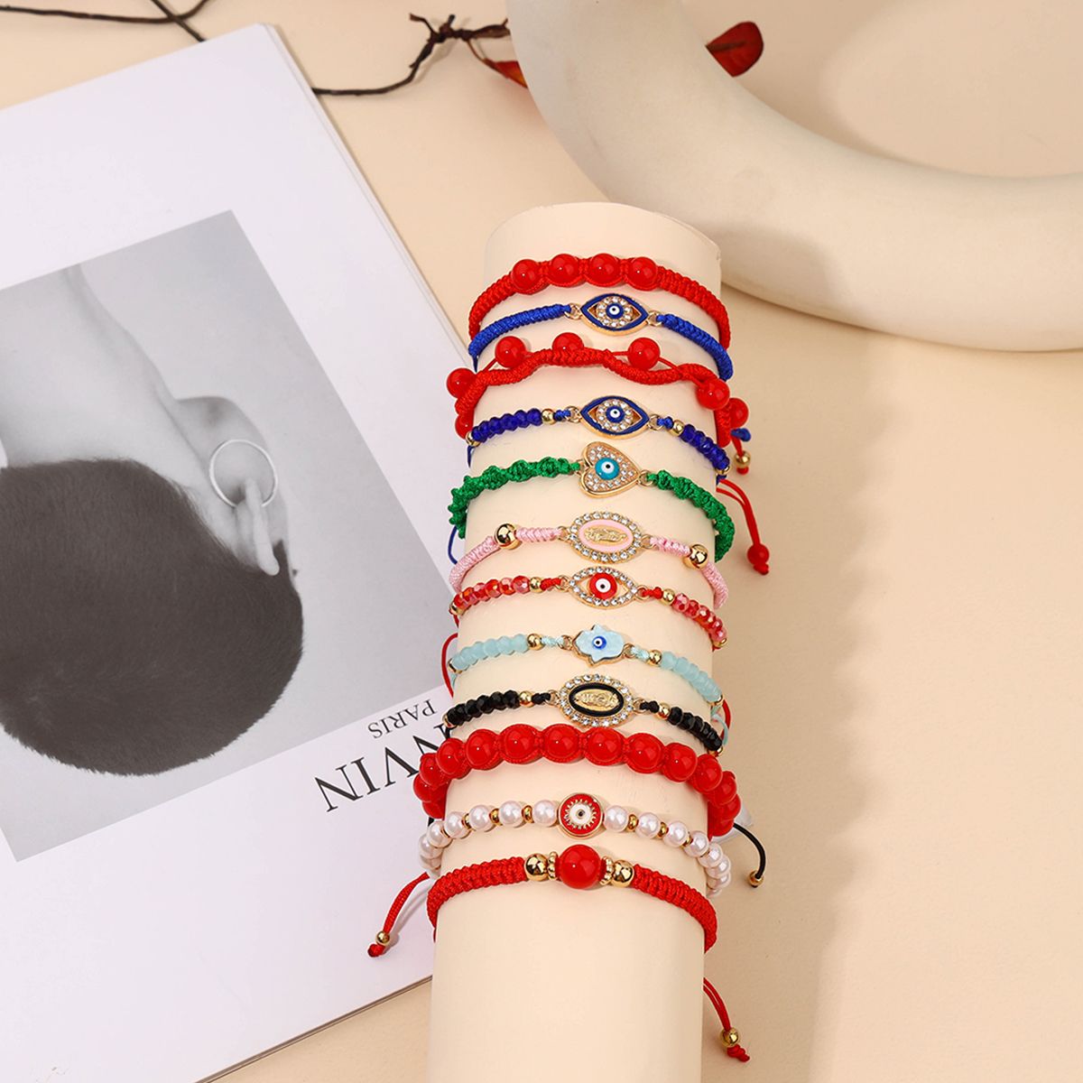 12 Pieces Braided Rope Zinc Alloy Multi-colour Heart Eyes Handmade Adjustable Simple Fashion Bracelet Set