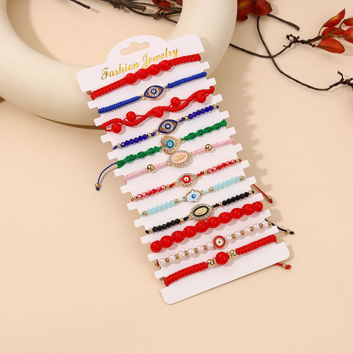 12 Pieces Braided Rope Zinc Alloy Multi-colour Heart Eyes Handmade Adjustable Simple Fashion Bracelet Set