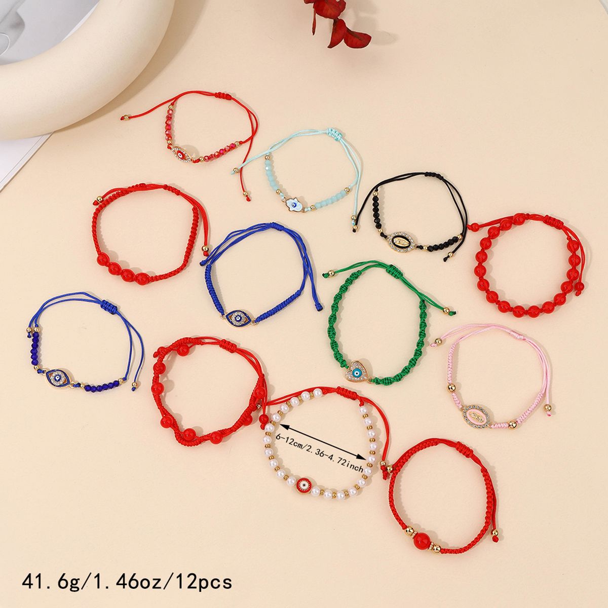 12 Pieces Braided Rope Zinc Alloy Multi-colour Heart Eyes Handmade Adjustable Simple Fashion Bracelet Set