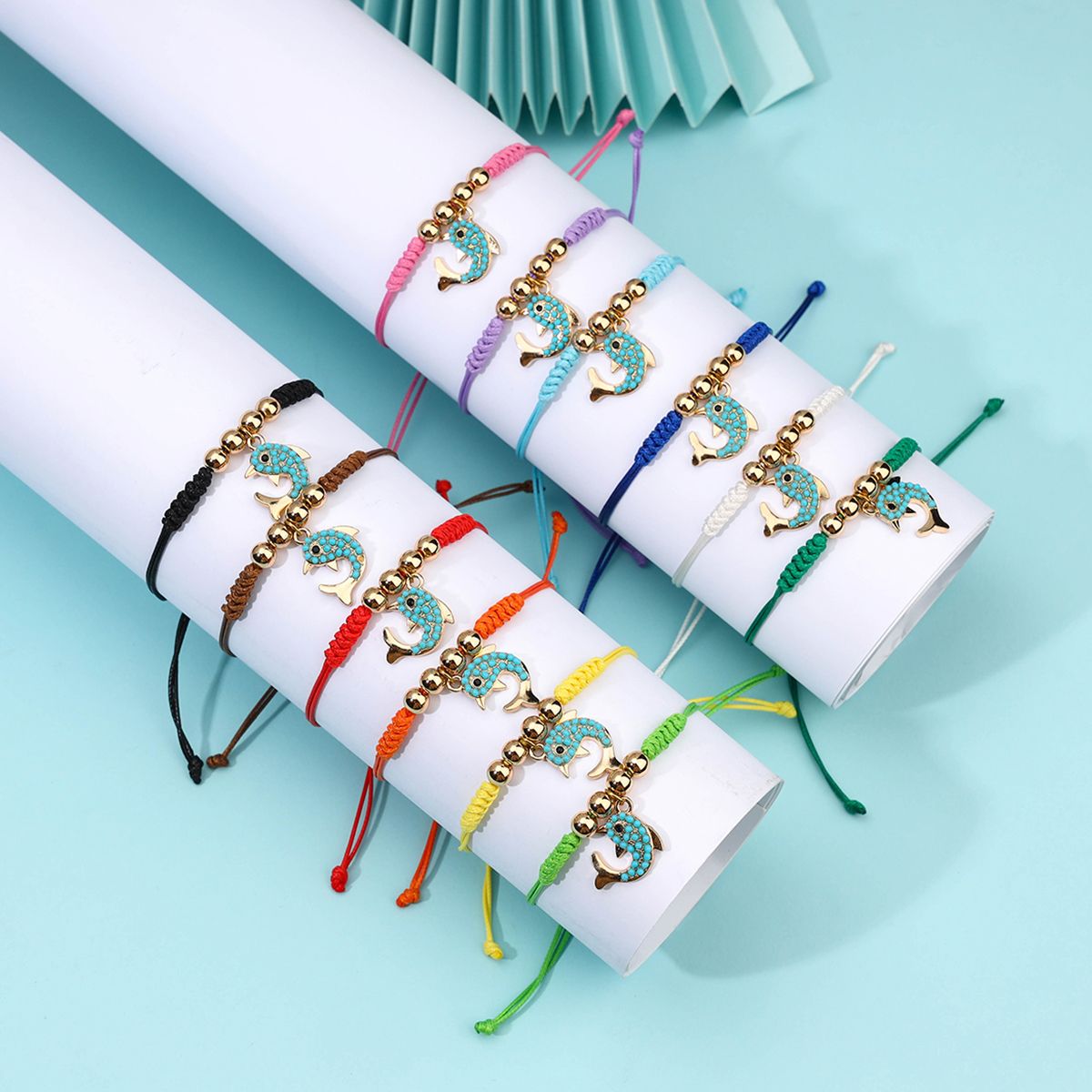 12 Pieces Braided Rope Zinc Alloy Multi Colour Dolphin Handmade Adjustable Simple Fashion Bracelet Set