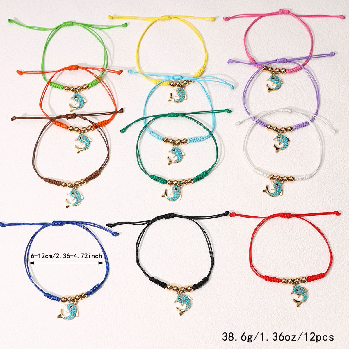 12 Pieces Braided Rope Zinc Alloy Multi Colour Dolphin Handmade Adjustable Simple Fashion Bracelet Set