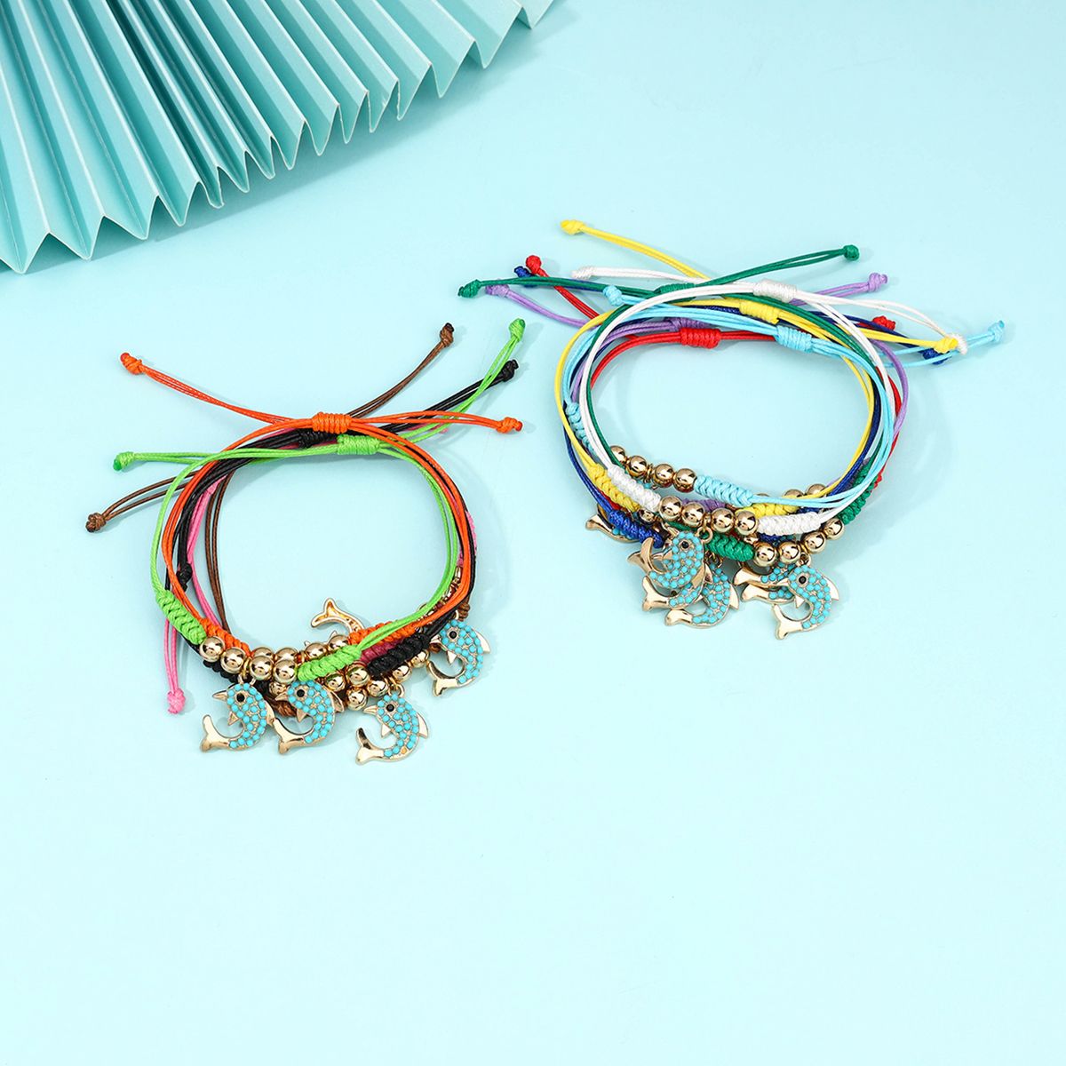 12 Pieces Braided Rope Zinc Alloy Multi Colour Dolphin Handmade Adjustable Simple Fashion Bracelet Set