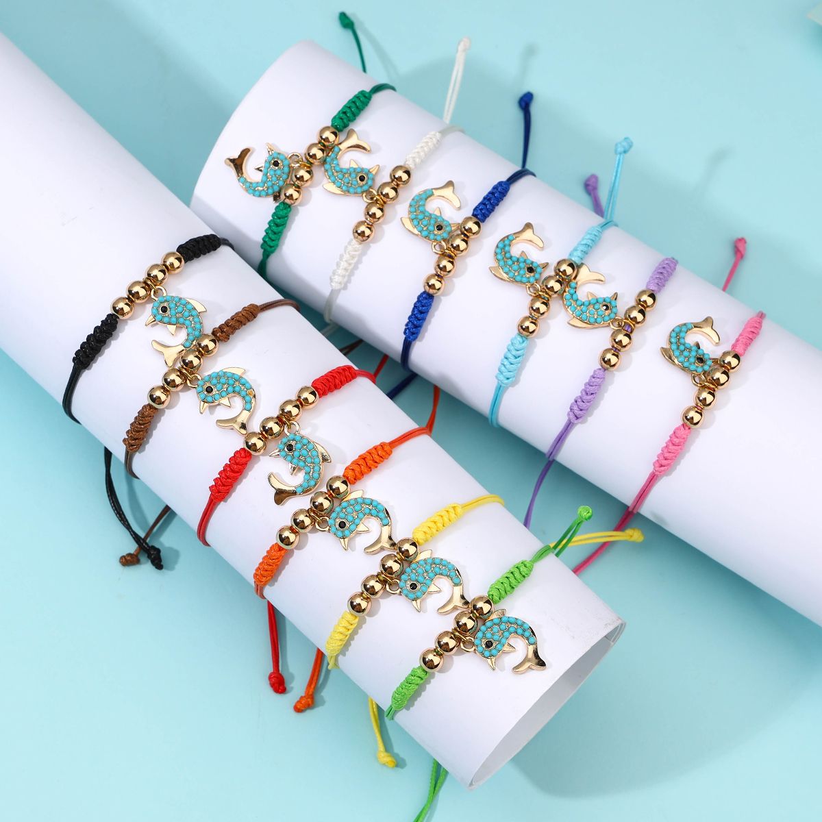 12 Pieces Braided Rope Zinc Alloy Multi Colour Dolphin Handmade Adjustable Simple Fashion Bracelet Set