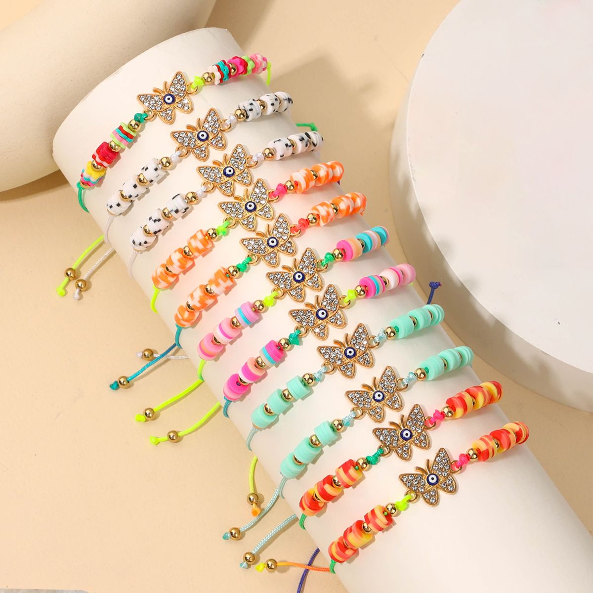 12 pieces woven rope soft ceramic zinc alloy diamond inlaid butterfly hand woven adjustable fashionable bracelet set