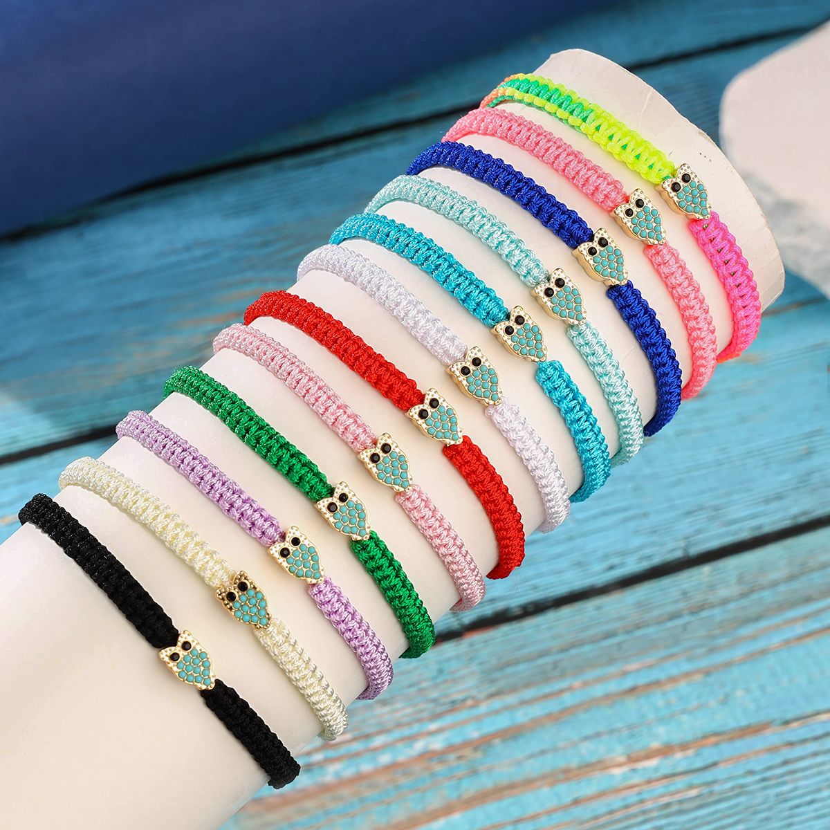 12 Pieces Braided Rope Zinc Alloy Multicolour Owl Handmade Adjustable Simple Fashion Bracelet Set